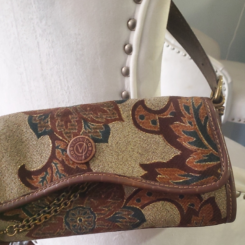 Vtg Mario  Valentino Brown and Gold Patterned Shoulder Bag - Picture 14 of 15